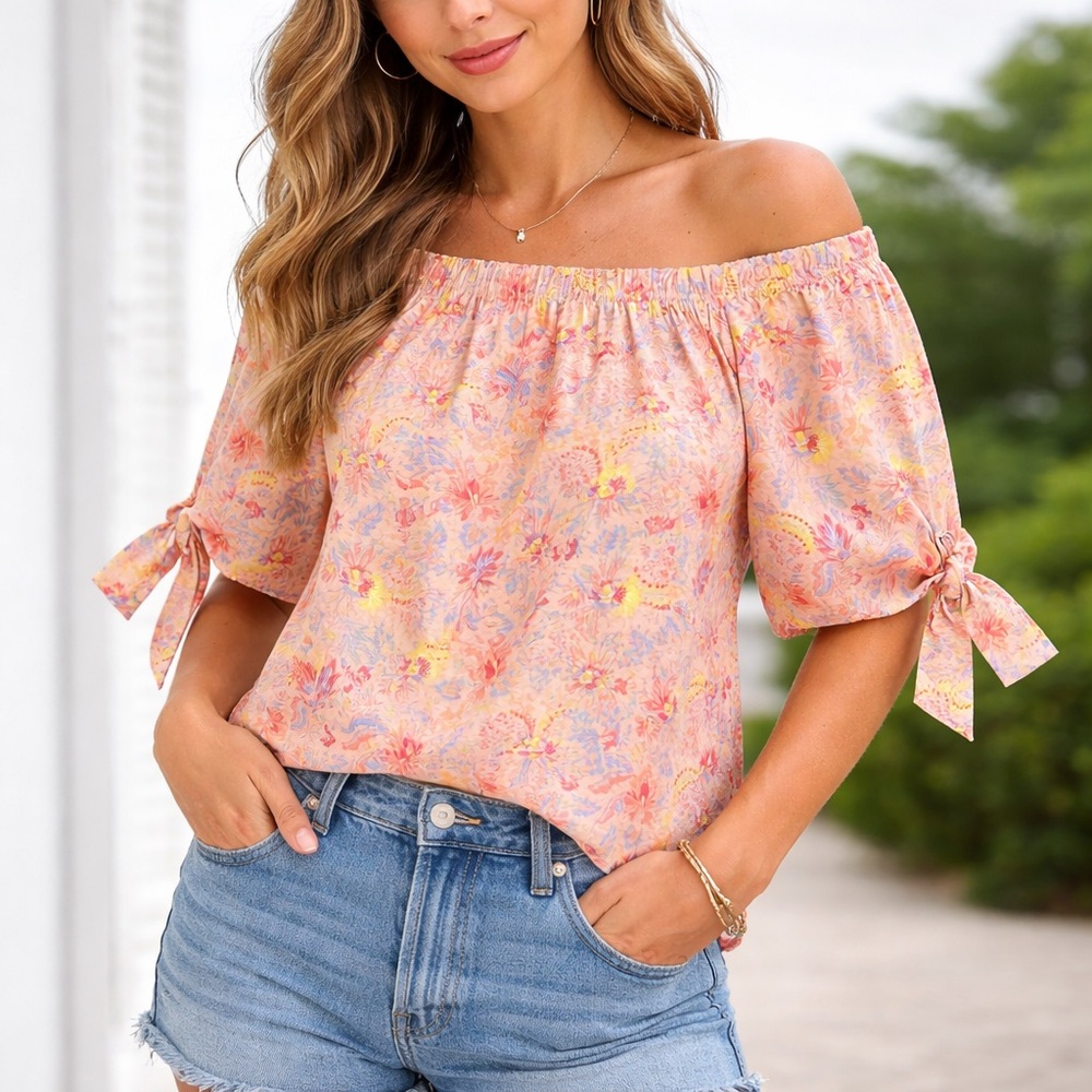 BCBG Maxazaria Floral Off-Shoulder Women's Top blouse extra small XS Peach NWT